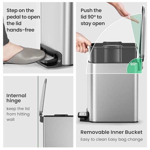 Cesun Kleiner Badezimmer-Abfalleimer mit Deckel Soft Close, Trittpedal, 6 Liter, Edelstahl Mülleimer mit herausnehmbarem Inneneimer, Anti-Fingerabdruck-Finish (Silber) – Bild 6