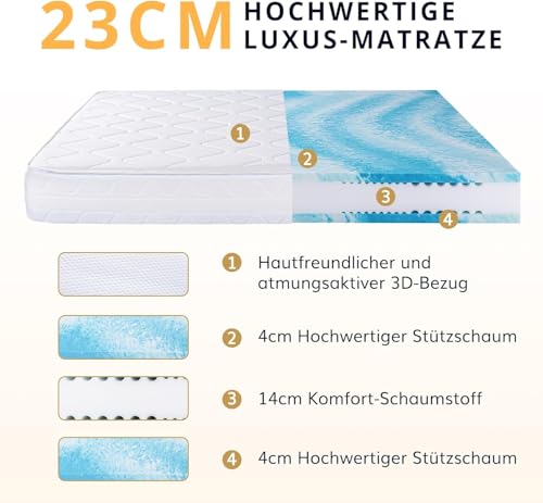 EGO Home Matratze 90x200-23 cm H3 7-Zonen Kaltschaummatratze mit Viscoschaum,Ergonomisch,Weich & Druckentlastend,Atmungsaktiv,Bezug Waschbar, Öko-Tex Zertifiziert