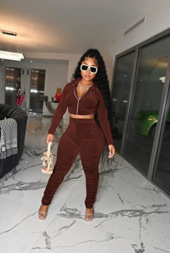 Yidengymx Womens Ruched Velour Jogger Tracksuit Two Piece Outfits For Women, Long Sleeve Hooded Zip Up Crop Tops Jacket Tapered Pants Matching Sets Sportswear Jogging Sweatsuit With Pockets #TOP3
