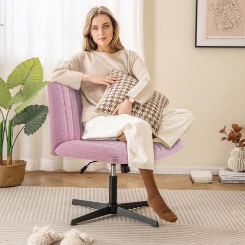 Giantex Criss Cross Chair, Fabric Cross Legged Office Desk Chairs No Wheels, Comfy Armless Makeup Vanity Chair, Adjustable Height, Mid Back Wide Seat Computer Swivel Task Chair for Home Office (Pink)