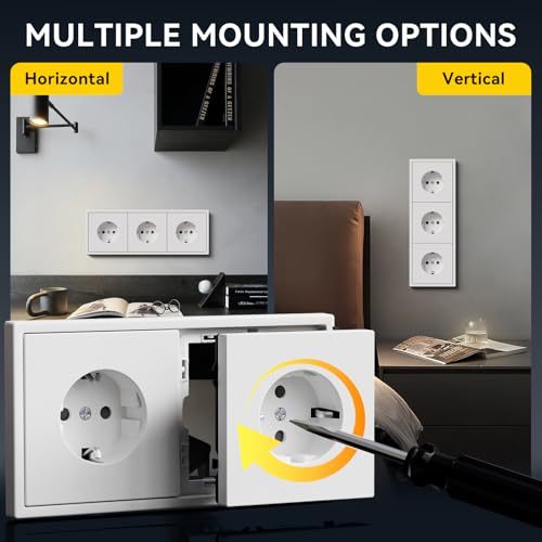 BSEED 3 Fach Schuko Steckdose, 250V 16A Steckdosen Unterputz mit PC Rahmen, Wandsteckdose mit Krallen, Kein Entfernen der Schraube erforderlich, Weiß