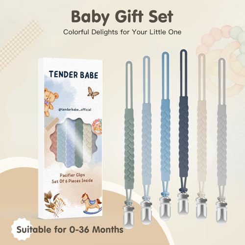 Image of TenderBabe Silicone Pacifier Clip for Baby Boys and Girls, Pack of 6 Soft Flexible Paci Binky Clips with One-Piece Braided-Style Design,BPA-Free Newborn Essentials