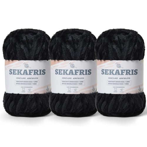 Sekafris Chenille Velvet Soft Yarn Black 3 Pack