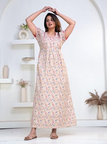 Image of Pure Cotton Designer Nighty for Women | Night Gown | Nightdress | Maxi Nighty | Sleepwear | Jaipuri Nighty | Nighties | Cotton Night Gown for Women /Girls with Belt Pink