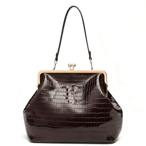 Kisslock Bag for Women Kiss Lock Purses and Handbags Leather Kisslock Shoulder Bag Trendy Tote Purse (B-PU Crocodile-Coffee)