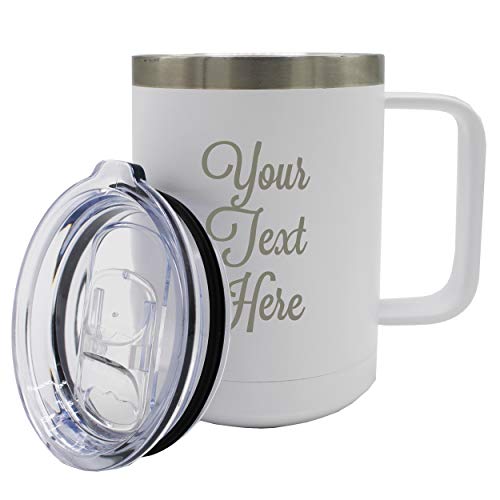 My Personal Memories Custom Personalized 15 oz Insulated Coffee Mug Travel Tumbler with Handle and Lid - Monogrammed and Engraved with Your Text (White)