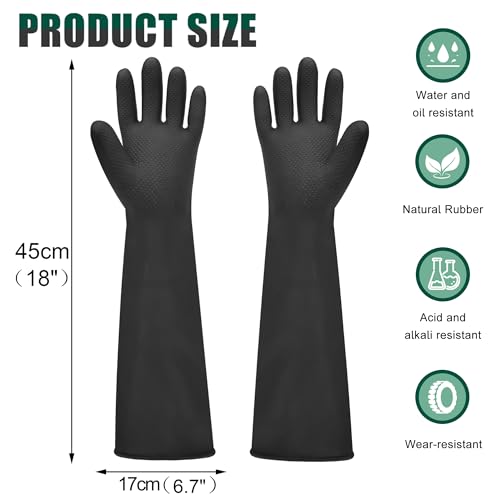 18" Rubber Gloves Reusable Heavy Duty Latex Gloves Chemical Resistant Protective Gloves PPE Industrial Safety Work Long Gauntlets Gloves, Waterproof, Resist Strong Acid, Alkali and Oil, Non-Slip