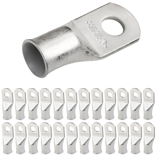 SELTERM 25pcs 3/0 AWG 3/8" Stud Marine Grade Tinned Copper Battery Cable Lugs, 000 Gauge Ring Terminals, UL Wire Lugs Electrical Battery Cable Ends, Tinned Copper Lugs Battery Terminal Connectors