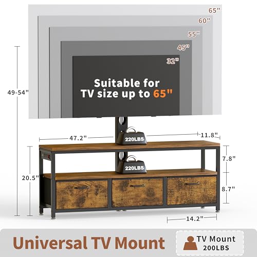 Image of JUSTOGO TV Stand with Mount and Power Outlet, TV Stand with Drawers Storage for Living Room Bedroom, LED Entertainment Center for 45 55 60 65 inch, Height Adjustable Media Console, Rustic Brown