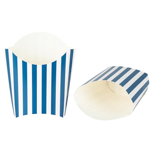 Restaurantware Bio Tek 3.9 x 2.6 x 3.5 Inch French Fry Cup 100 Disposable Snack Cups - Stackable Sustainable Blue And White 2 Ounce Paper Fry Holder For Fries Onion Rings Popcorn or Cookies