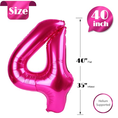 Image of Hot Pink Number 4 Balloon 40 Inch, 4th Birthday Party Decorations, Giant 4 Foil Balloon for Party Supplies