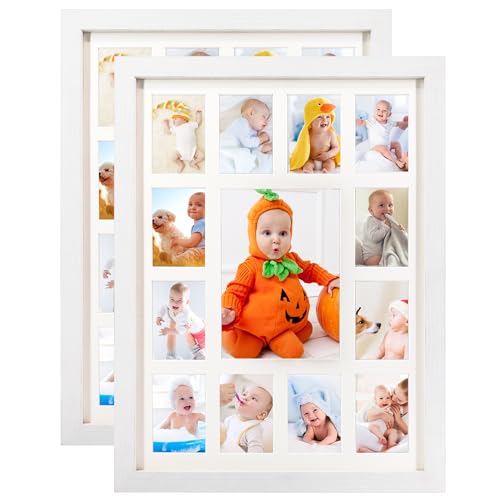 GMFrames Baby First Years Photo Frames 12 Month Picture Frame School Years Graduation Photo Collage White Frame with Mat, Displays One 5x7 Photo and Twelve 2.5x3.5 Pictures,Set of 2