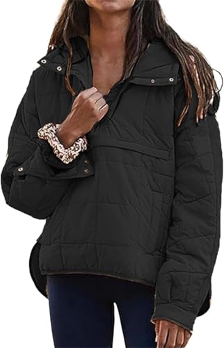 Aderpmin Womens Oversized Puffer Jacket Pullover Quilted Lightweight Jackets Fall Winter Warm Coat Hoodies Padded Coats Packable Jackets Outdoor (UK, Alpha, L, Regular, Regular, Black)