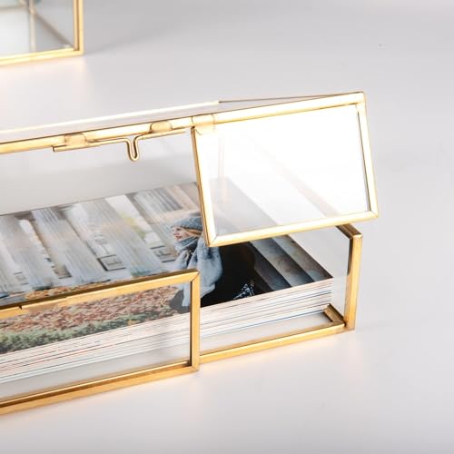 Feyarl Gold Glass Keepsake Photo Picture Box Cards Jewelry Trinket Display Case Shadow Decorative Memory Box for Wedding Home Deco Girl Women(7.3 x 5.3 x 1.8inch) - Thumbnail 5