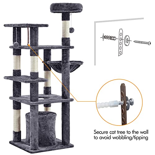 Yaheetech DIY Árbol Rascador para Gatos Grandes con 4 Formas Torre de Gatos Altura 143cm Multinivel con Plataformas Cueva Postes Rascadores Cesta Gris Oscuro