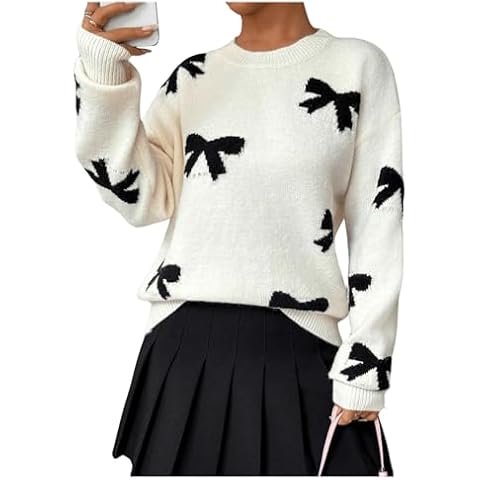GORGLITTER Women's Bow Sweater Long Sleeve Crew Neck Vintage Y2k Knitted Sweater Apricot Small Cover