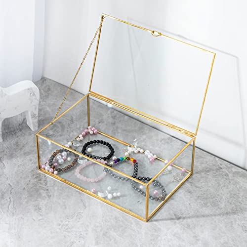 Whslilr 10.8” Glass Jewelry Box Gold Card Box With Hinged Lid, Gold Keepsake Box For Storage Wedding Card, Trinkets, Photo And More, Cute Glass Box For Women And Girl,Vintage #TOP5
