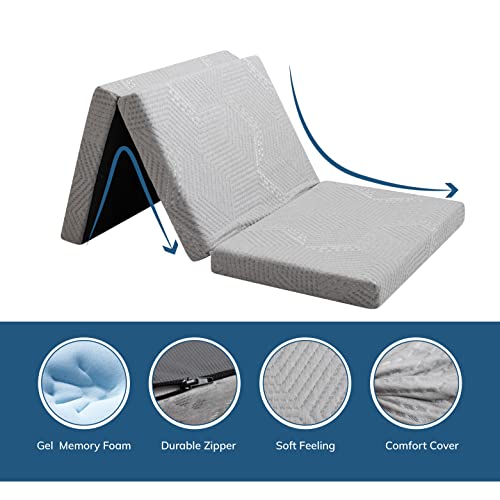 Egohome Folding Mattress 4 Inch Tri Folding Memory Foam Mattress, Portable Trifold Mattress Topper With Breathable & Washable Cover, Foldable Floor Mattress Guest Bed For Camping, Travel, Single #TOP4