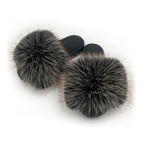 Image of Women's Faux Fur Slides Slippers Fluffy Fuzzy Sandals Open Toe Furry Slide Flip Flop Indoor Outdoor