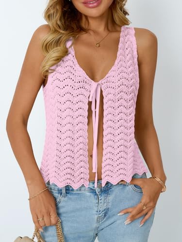 Image of LILLUSORY Crochet Tops for Women Summer Vacation Outfits Beach Coverup Going Out Tie Front Spring Sweater Vest 2026 Fashion