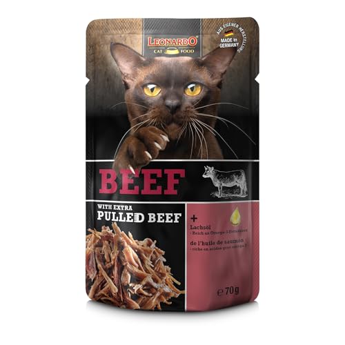 LEONARDO Frischebeutel [16x70g Beef mit Fleischstreifen] Pulled Beef | Getreidefreies Nassfutter für Katzen | Alleinfuttermittel Katzenfutter