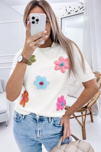 Breathable and Cozy White Short Sleeve Sweater with Floral Decoration4