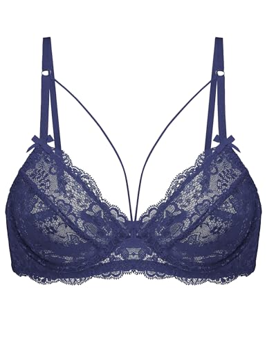 Avidlove Women's Sexy Lace Bra Push Up Balconette See Through Bra Unlined Underwire Strappy Bras Navy Blue