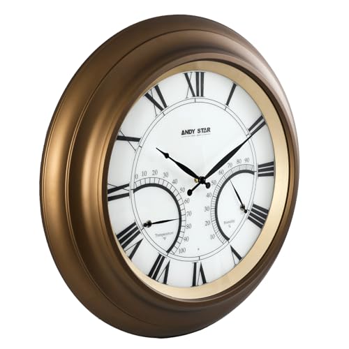 ANDY STAR 24 Inch Outdoor Clocks Waterproof,Large Outdoor Wall Clocks for Patio with Thermometer Combo, Silent Weatherproof Illuminated Metal Clock Battery Operated with Thermometer&Hygrometer, Bronze