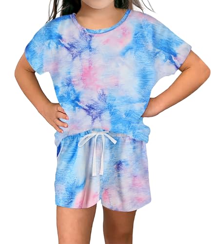 Image of Girls Short Sets Shorts and Crop Top Set, Short Sleeve T-Shirt and Shorts Summer Outfits for Girls Kids Tie Dye Shirt, 8-9 Years, A Blue