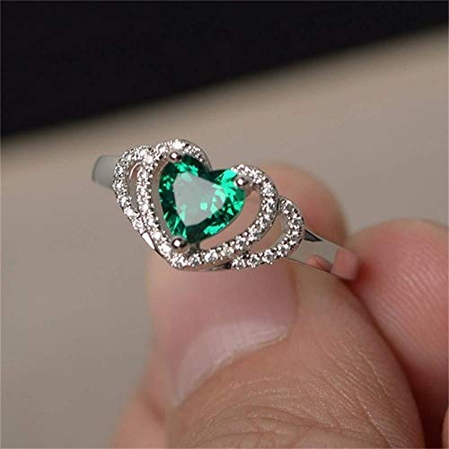 925 Sterling Silver Fashion Natural Emerald Ring Heart-Shaped Cut Cubic Zirconia Rings CZ Eternity Heart Engagement Wedding Band Ring for Women (US Code 8)