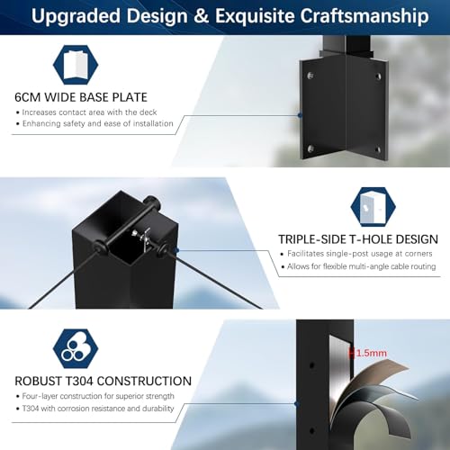 Image of Side Mount Outer Corner Post 36 inch (Post Body 44 inch), Fixed Top Three Side Drilled Corner Post Cable Railing, Black Stainless Steel T304 Fascia Mount Metal Post with Inner Terminal & Cable Grommet