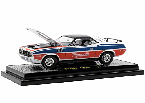 M2 1971 Plymouth Barracuda 440 Pearl White w/Blue & Red Stripes & Black Top Ltd Ed to 6550 pcs Worldwide 1/24 Diecast Model Car Machines 40300-96 A