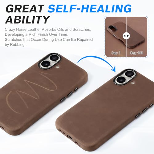 SHIELDON Case for iPhone 16 Plus, Top Grain Crazy Horse Leather Magnetic Wireless Charging Non-Slip Shockproof Cover with Metal Button Compatible with iPhone 16 Plus - Crazy Horse Dark Brown