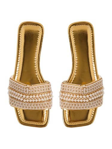 Image of GORGLITTER Women's Sparkly Jeweled Flat Sandals Dressy Open Toe Glitter Shiny Slippers Slip-on Shoes