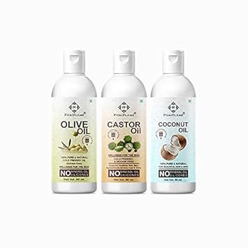 PuriFlame 100% Pure Olive Oil 50ML & Castor Oil 50ML & Coconut Oil 50ML Combo For Rapid Hair Growth, Anti Hair Fall, Split Ends & Promotes Softer & Shinier Hair (Pack Of 3)