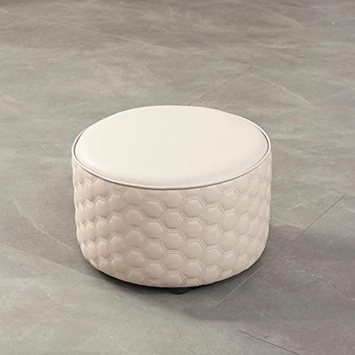 Taburete otomano redondo de cuero gris claro para sala de estar, cocina, dormitorio, 32 x 30 cm