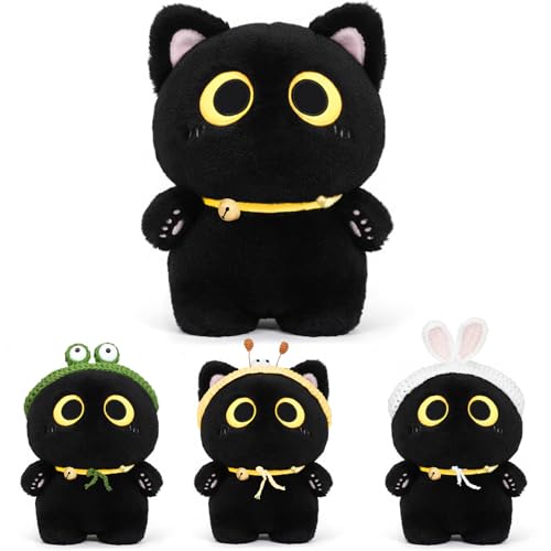 Kaisibum Schwarze Katze Plüschkissen 32 cm Weiches Kawaii Kuscheltier Abnehmbarer Bienen Frosch und Hasenkapuze für Kinder,Niedliches Katze Plüschtier,Perfektes Kuschelkissen und Geschenk