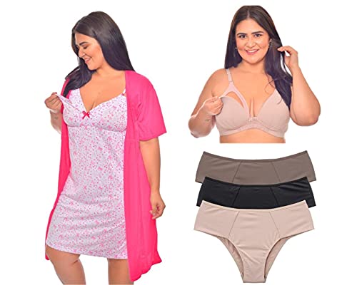Kit Camisola Gestante com Robe Pós Parto Amamentação Maternidade Sutiã com Bojo e Calcinhas Tamanho:
