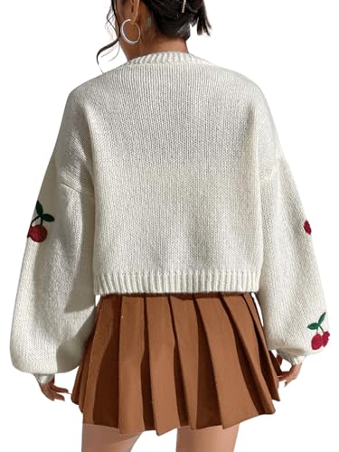 GORGLITTER Women's Cherry Cropped Cardigan Sweaters Open Front Long Sleeve Cute Chunky Knit Short Cardigan Trendy2