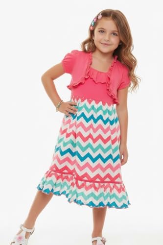 Image of ToBeInStyle Girls Two Piece Short Sleeve Dress and Matching Bolero Crop Cardigan Assorted Prints Cotton Blend Summer Outfit