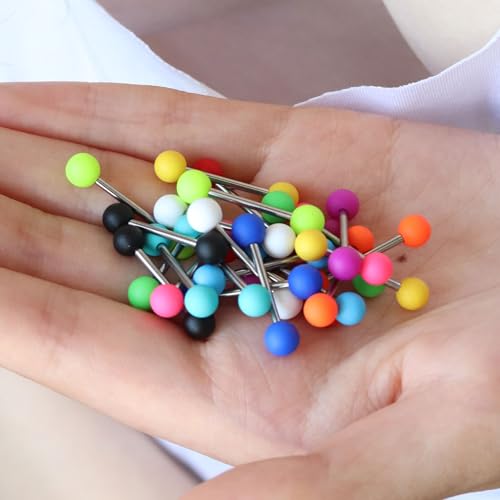 24PCS Acrylic Tongue Rings Plastic Rubber Nipple Rings Neon Colorful Pink White Green Yellow Black Orange Teal Matte Balls Sexy Barbell Piercing Jewelry For Women Men 14G4