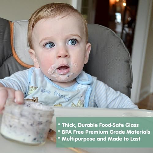 Sage Spoonfuls -12 Pack, 4 oz Baby Food Jars, Glass Baby Food Containers with Lids - Freezer Storage, Leakproof, Reusable Small Glass Baby Food Containers, Microwave & Dishwasher Friendly