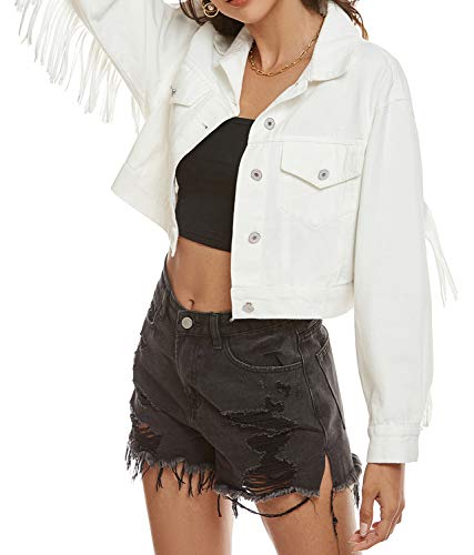 Scofeel Women’s Crop Denim Jean Button Down Long Sleeve Jacket With Fringe #TOP5