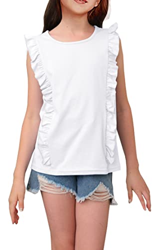 Bigeoosh Girls Cute Sleeveless T Shirts Casual Loose Ruffle Tank Top Kids Summer Soft Tops Tee 4-15 Years White #TOP3