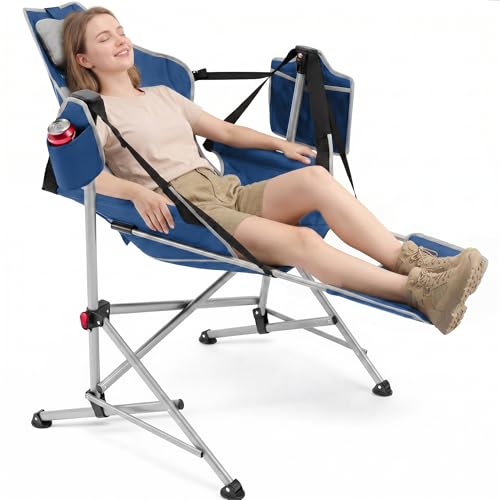 Hammock Camping Chair with Footrest Oversized Swinging Folding Camp Chair for Adults Adjustable Back & Seat Heavy Duty Rocking Chair with Cup Holder & Pillow for Outdoor Patio Lawn RV Blue