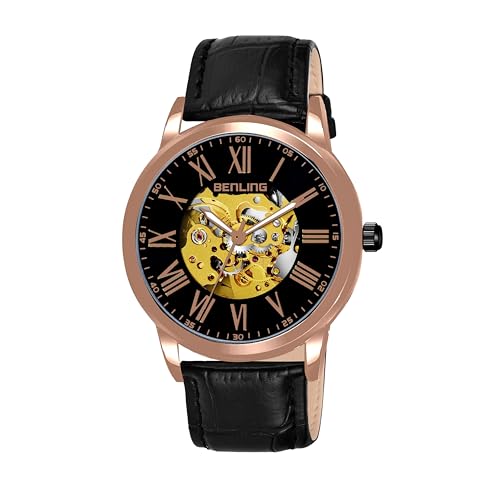 Image of Benling Men's Skeleton Automatic Analog Watch Combo | Open Gear Dial | Leather and Stainless Steel Chain Strap | Luxury Mechanical Movement | Casual & Formal Wear Stylish Wrist Watch for Men