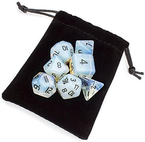 Wiz Dice Handmade Stone Dice - Polyhedral Dice Set for Tabletop RPG Adventure Games with a Dice Bag - DND Dice Set, Suitable for Dungeons and Dragons and Dice Games Alike - Opalite - 7 ct