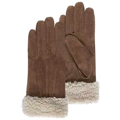 Isotoner Gants femme en cuir, doublés imitation fourrure, élégants, L, cognac