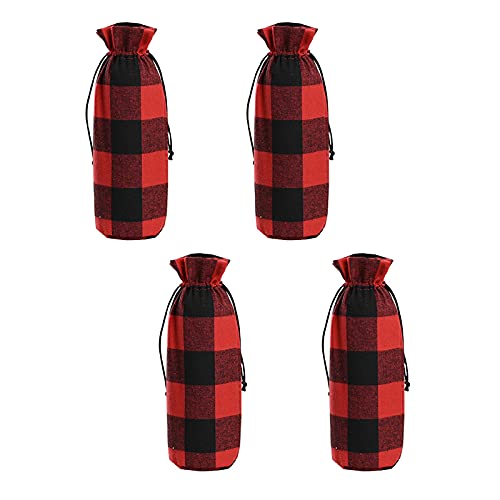 YHNHT Lot de 4 housses de bouteille de vin à carreaux de buffle de Noël pour femmes, hommes, vacances, fête de Noël, dîner Cover