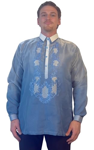 Handmade Kapamilya Barong Tagalog for Men - Long Sleeve Traditional Filipino Shirt -  Baby Blue Organza - US Size (Large)
